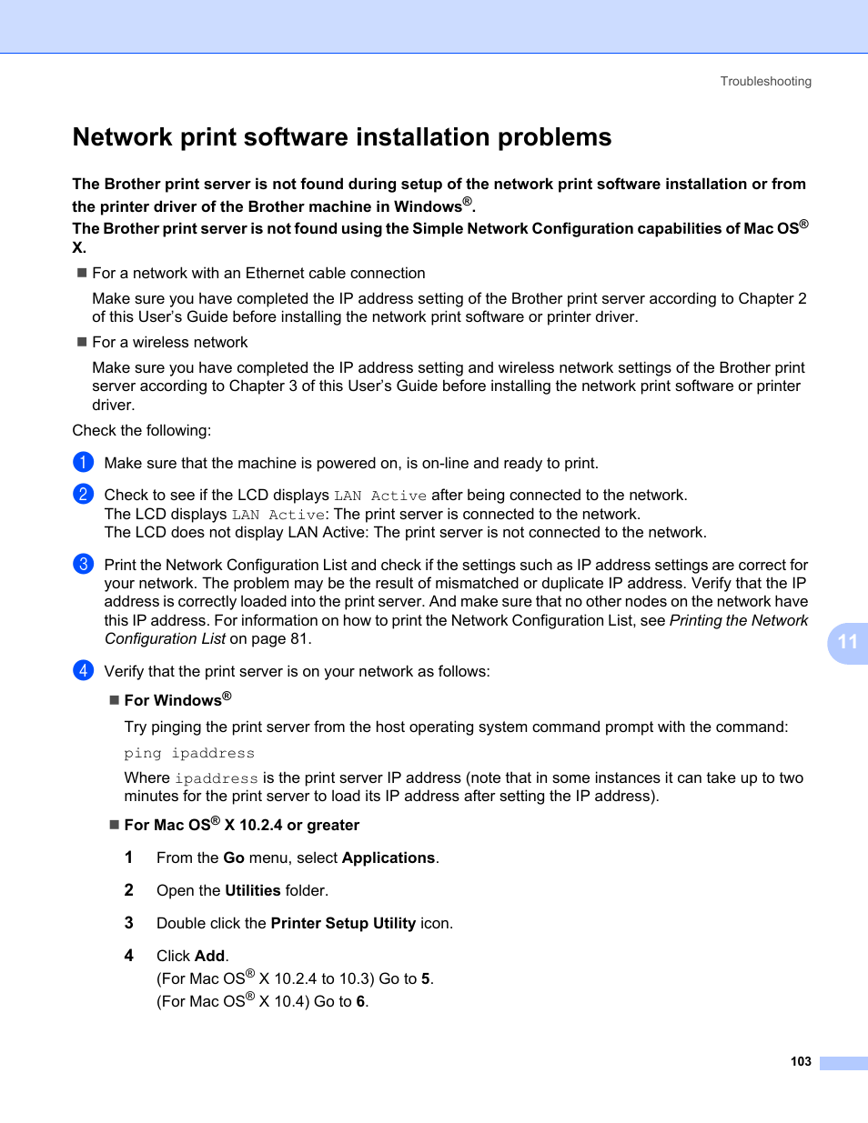 Network print software installation problems | Brother MFC-665CW User Manual | Page 110 / 132