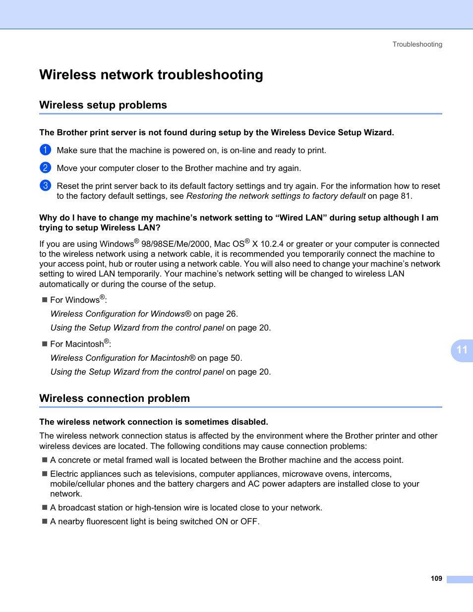 Wireless network troubleshooting, Wireless setup problems, Wireless connection problem | Seconds. see wireless network | Brother MFC-665CW User Manual | Page 116 / 132