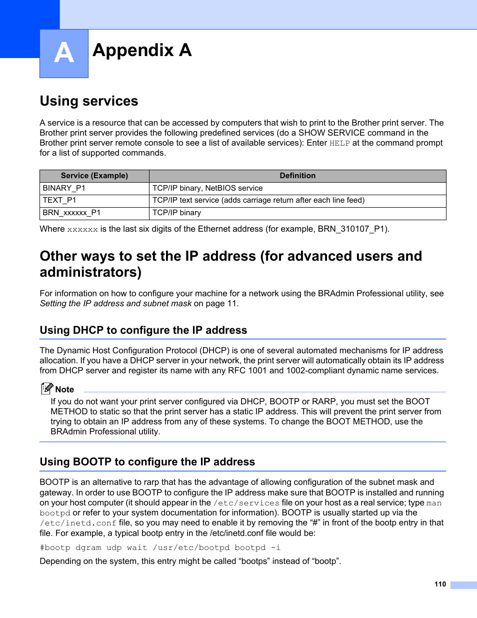 Appendix a, Using services, Using dhcp to configure the ip address | Using bootp to configure the ip address | Brother MFC-665CW User Manual | Page 117 / 132