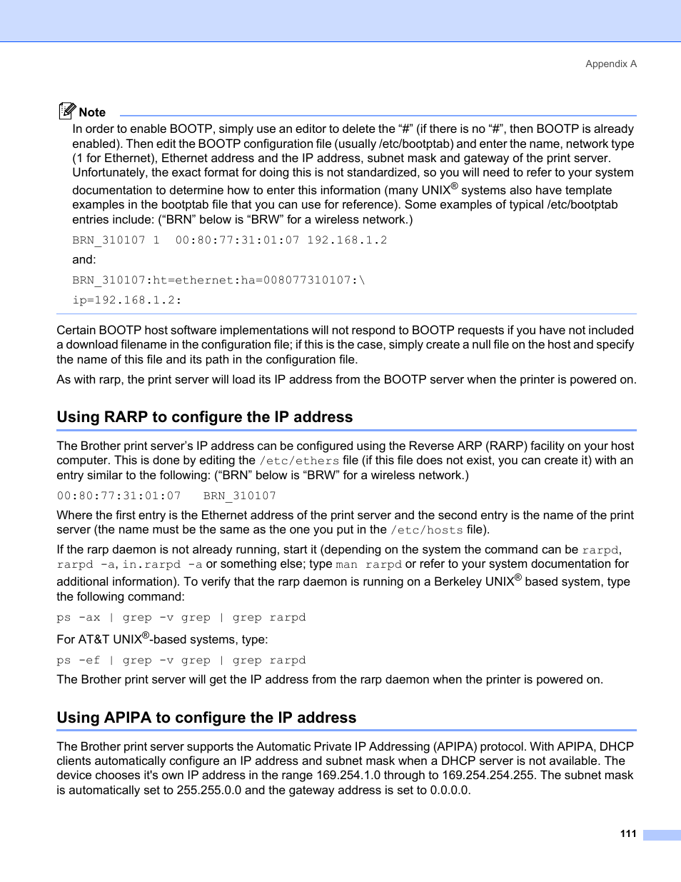 Using rarp to configure the ip address, Using apipa to configure the ip address | Brother MFC-665CW User Manual | Page 118 / 132