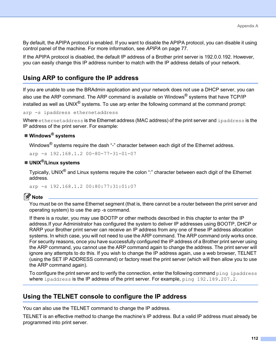 Using arp to configure the ip address | Brother MFC-665CW User Manual | Page 119 / 132