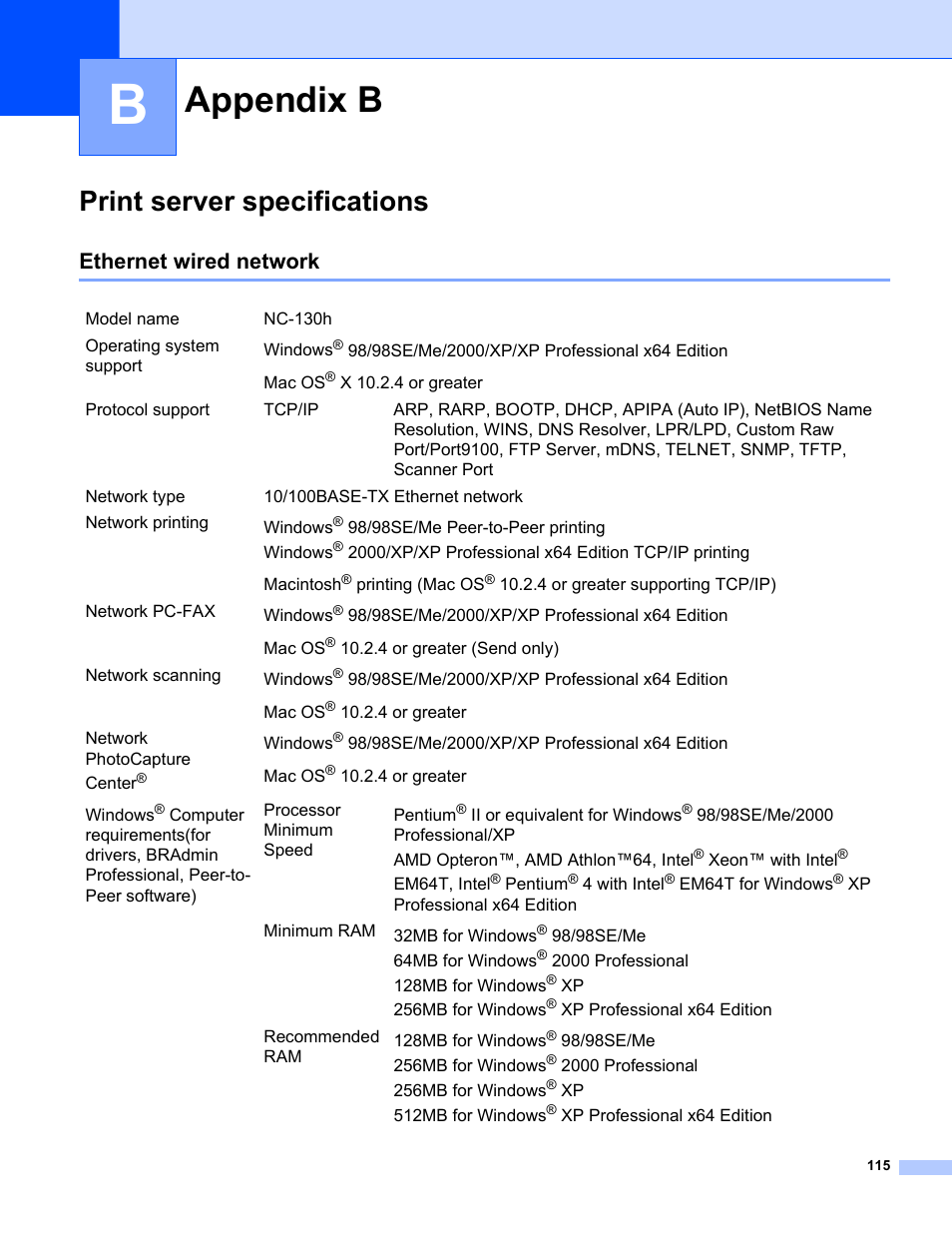 Appendix b, Print server specifications, Ethernet wired network | Brother MFC-665CW User Manual | Page 122 / 132