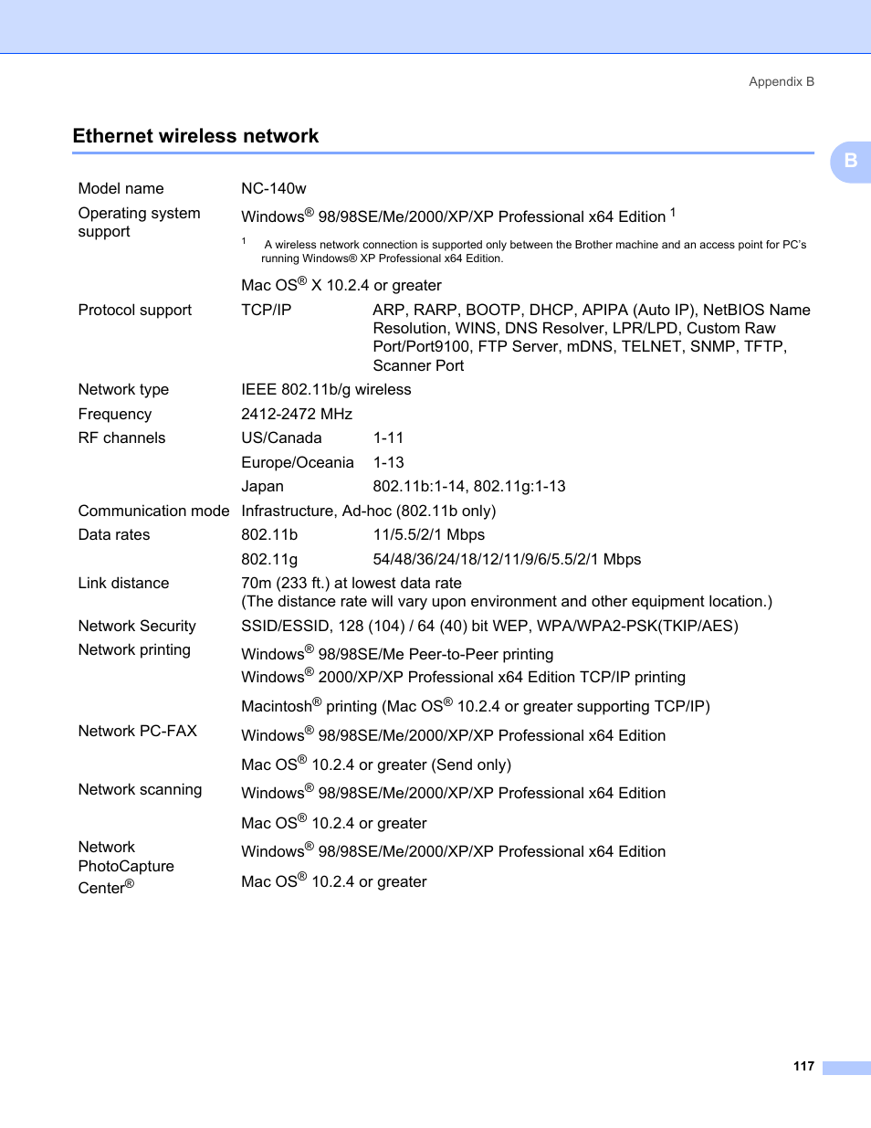 Ethernet wireless network, Bethernet wireless network | Brother MFC-665CW User Manual | Page 124 / 132