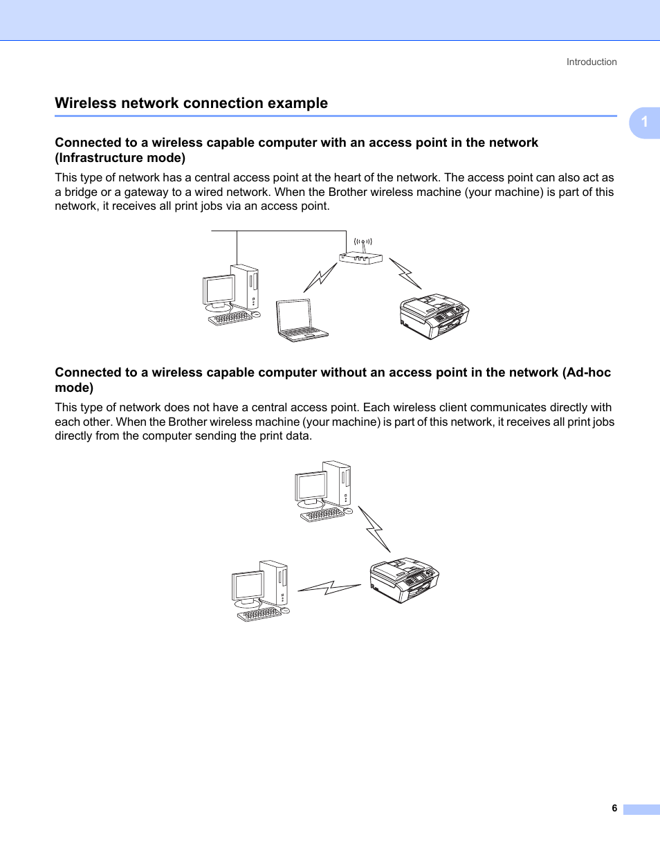 Wireless network connection example, 1wireless network connection example | Brother MFC-665CW User Manual | Page 13 / 132