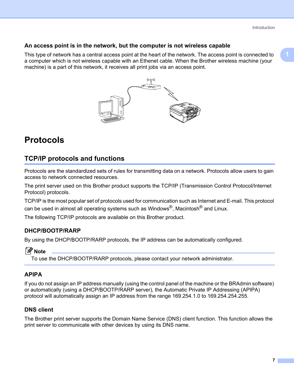 Protocols, Tcp/ip protocols and functions, Dhcp/bootp/rarp | Apipa, Dns client, Macintosh | Brother MFC-665CW User Manual | Page 14 / 132