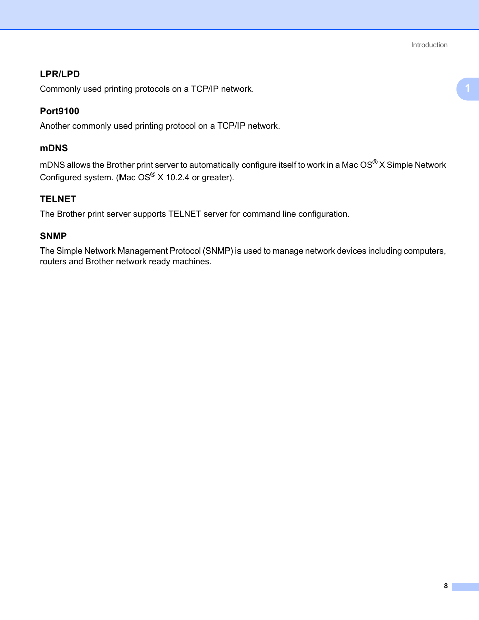 Lpr/lpd, Port9100, Mdns | Telnet, Snmp | Brother MFC-665CW User Manual | Page 15 / 132