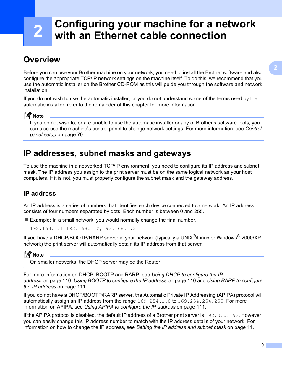 Overview, Ip addresses, subnet masks and gateways, Ip address | Overview ip addresses, subnet masks and gateways | Brother MFC-665CW User Manual | Page 16 / 132