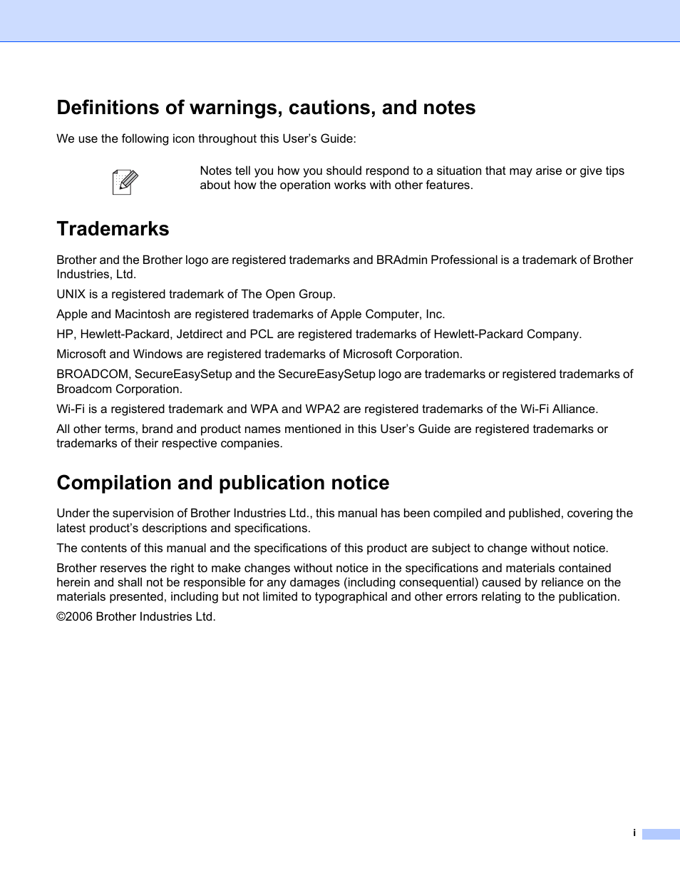 Trademarks, Compilation and publication notice | Brother MFC-665CW User Manual | Page 2 / 132