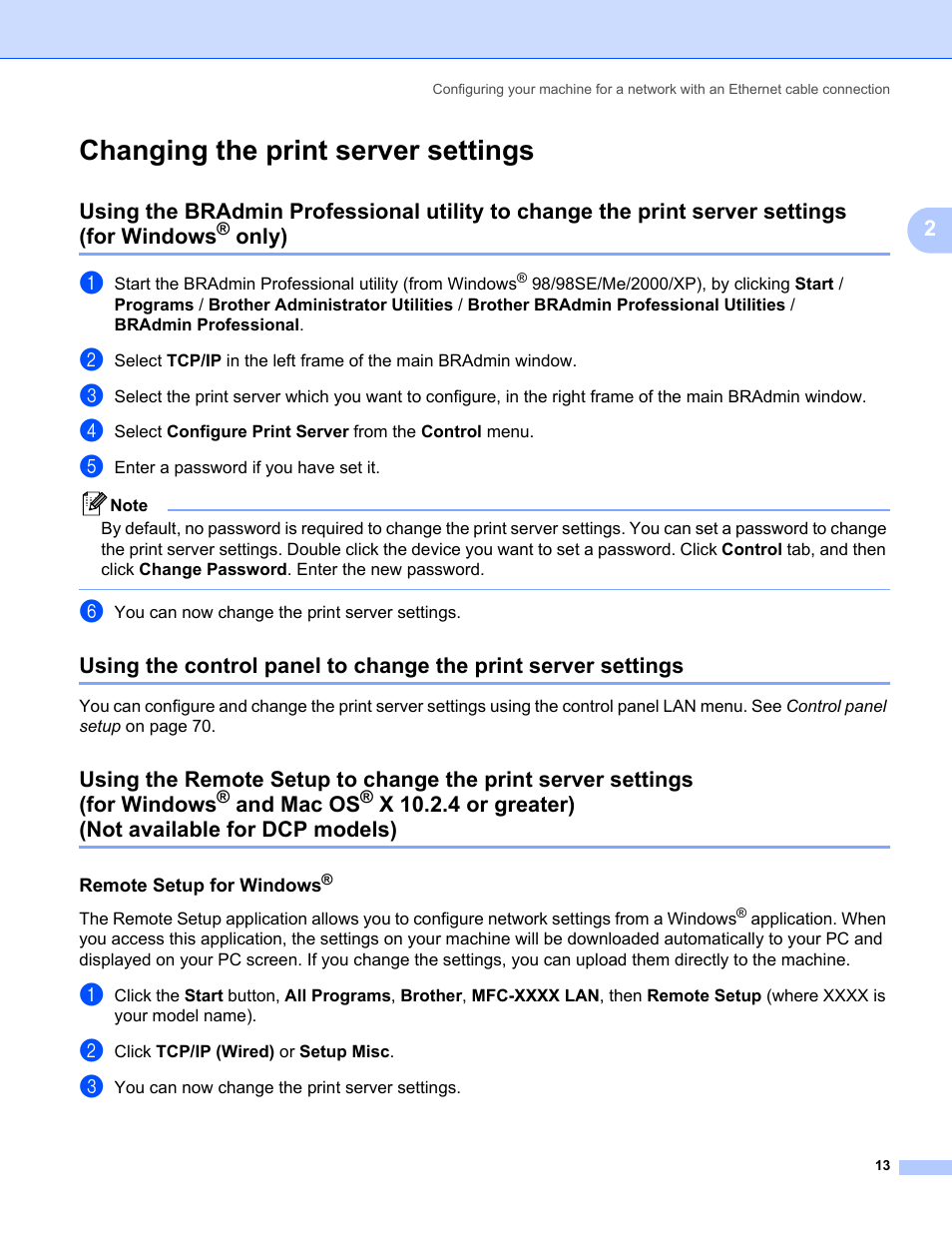 Changing the print server settings, Remote setup for windows, For windows | Only), And mac os | Brother MFC-665CW User Manual | Page 20 / 132