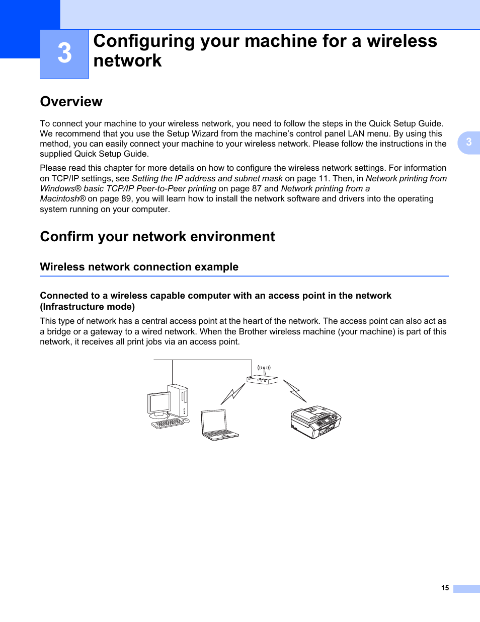 3 configuring your machine for a wireless network, Overview, Confirm your network environment | Wireless network connection example, Configuring your machine for a wireless network, Overview confirm your network environment | Brother MFC-665CW User Manual | Page 22 / 132