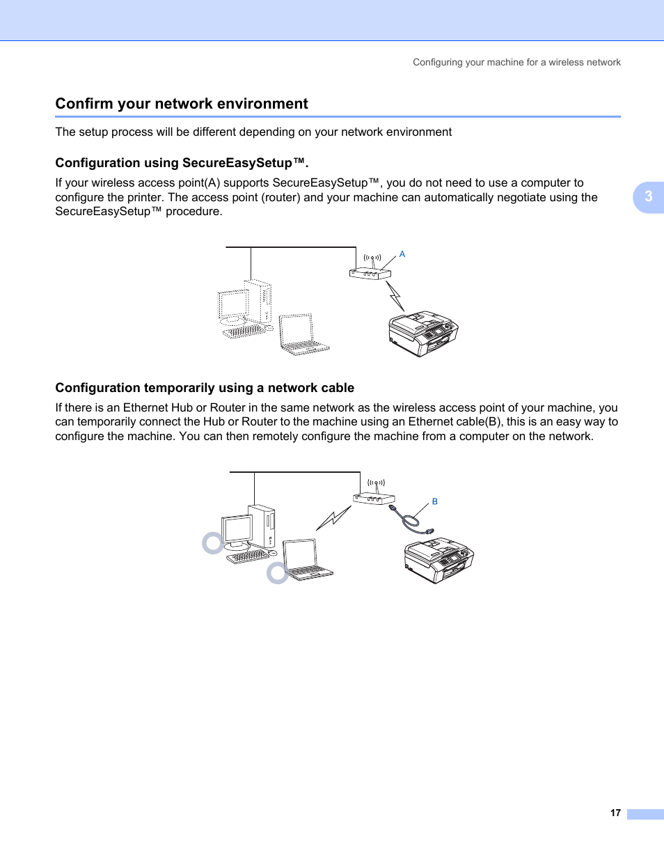 Confirm your network environment, Configuration using secureeasysetup, Configuration temporarily using a network cable | 3confirm your network environment | Brother MFC-665CW User Manual | Page 24 / 132