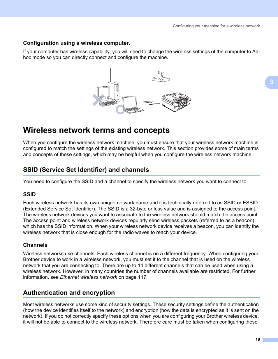 Configuration using a wireless computer, Wireless network terms and concepts, Ssid (service set identifier) and channels | Ssid, Channels, Authentication and encryption | Brother MFC-665CW User Manual | Page 25 / 132