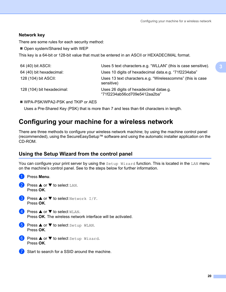 Network key, Configuring your machine for a wireless network, Using the setup wizard from the control panel | Brother MFC-665CW User Manual | Page 27 / 132