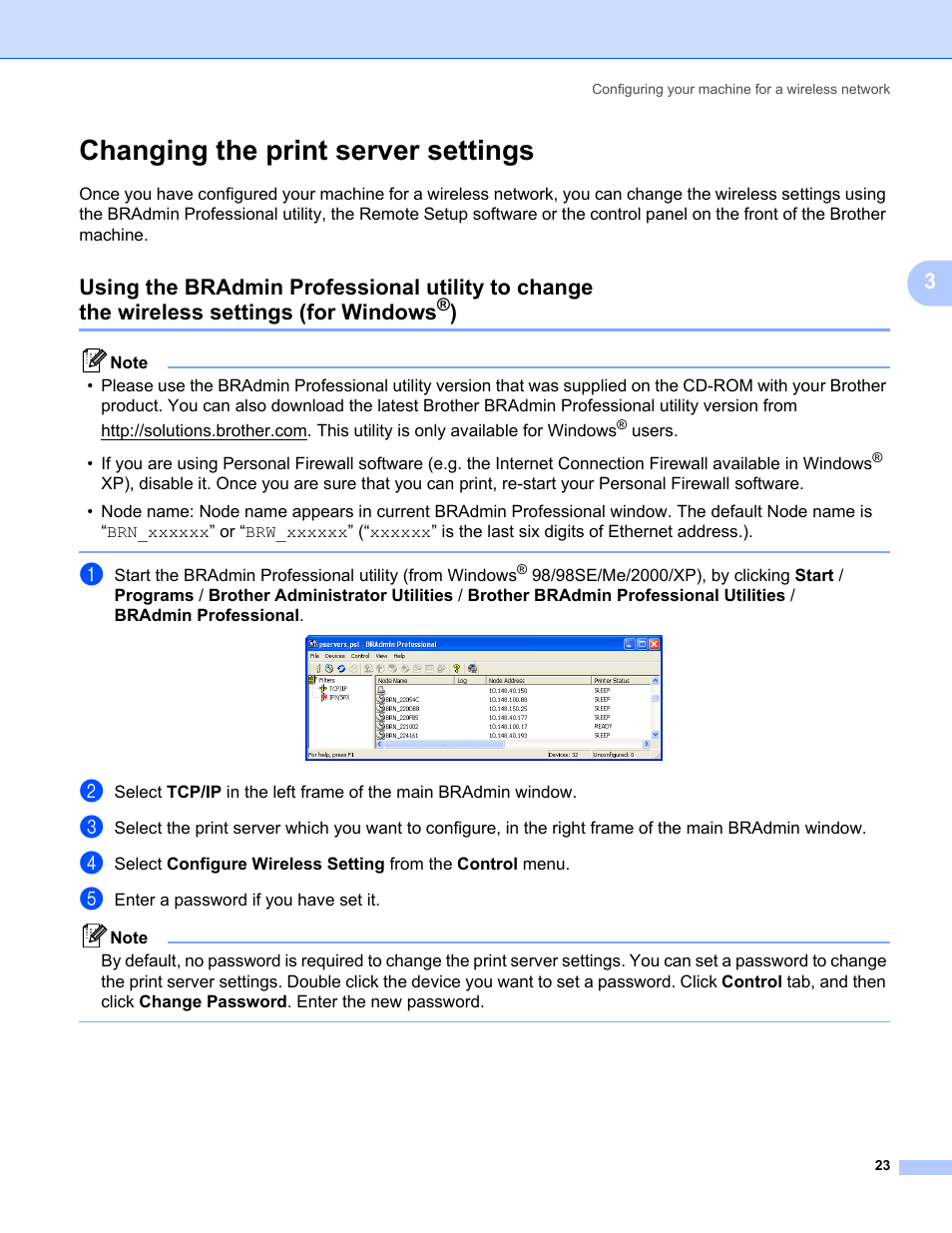 Changing the print server settings, Using the bradmin professional utility to change, The wireless settings (for windows | Brother MFC-665CW User Manual | Page 30 / 132