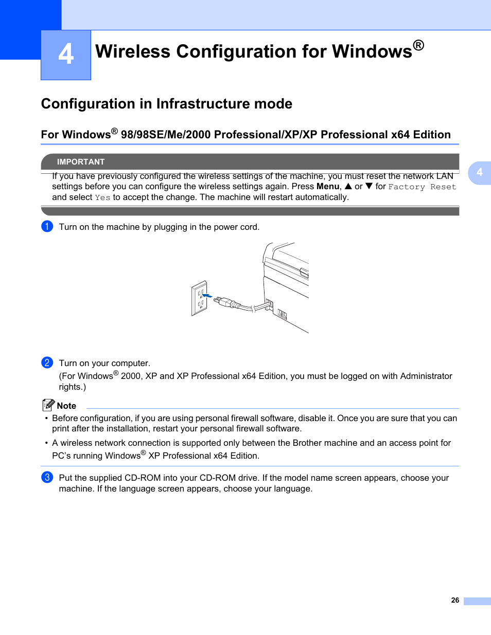 4 wireless configuration for windows, Configuration in infrastructure mode, Wireless configuration for windows | For windows | Brother MFC-665CW User Manual | Page 33 / 132