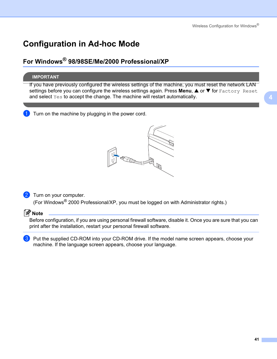 Configuration in ad-hoc mode, For windows® 98/98se/me/2000 professional/xp, For windows | Brother MFC-665CW User Manual | Page 48 / 132