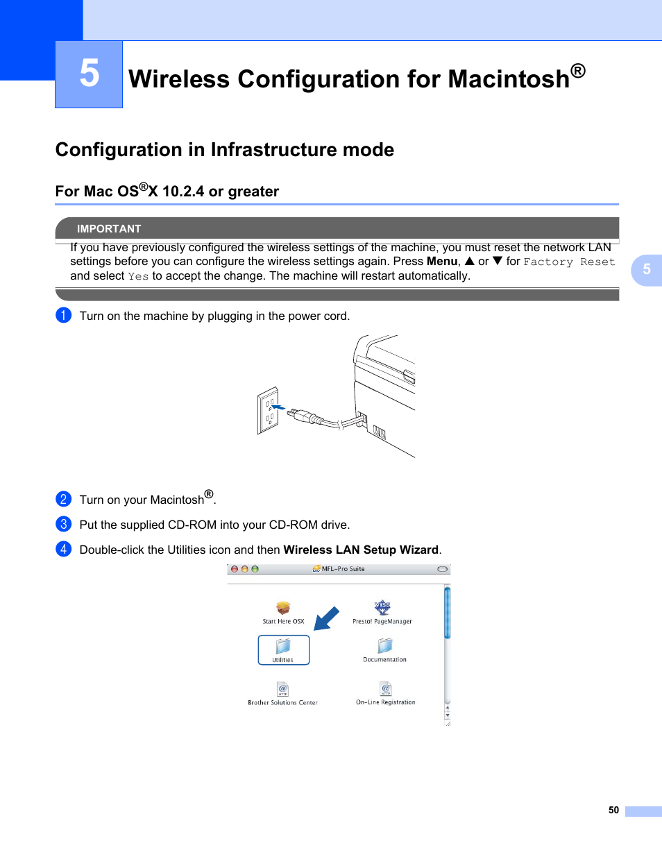 5 wireless configuration for macintosh, Configuration in infrastructure mode, For mac os®x 10.2.4 or greater | Wireless configuration for macintosh, For mac os | Brother MFC-665CW User Manual | Page 57 / 132