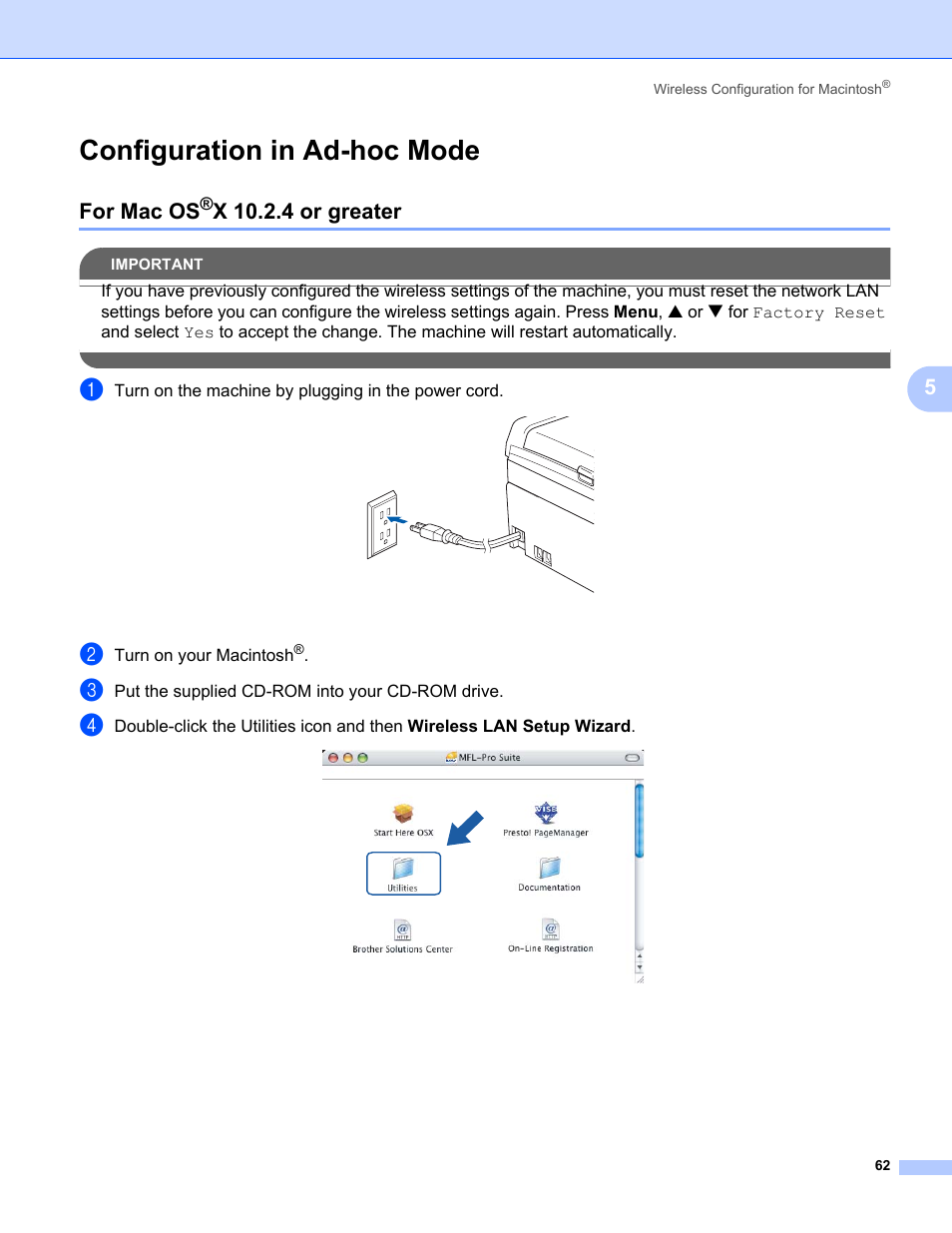 Configuration in ad-hoc mode, For mac os®x 10.2.4 or greater, For mac os | X 10.2.4 or greater | Brother MFC-665CW User Manual | Page 69 / 132