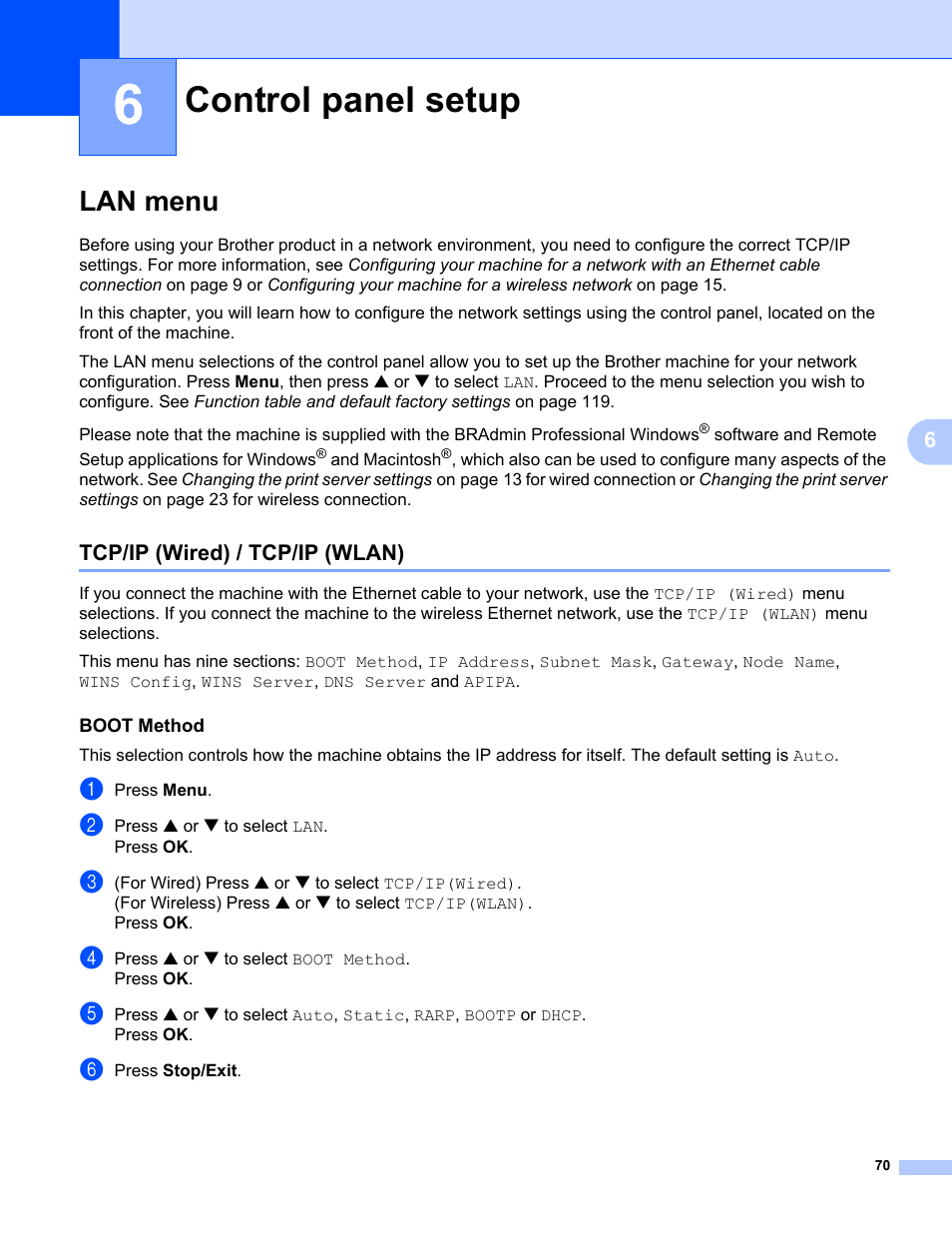 6 control panel setup, Lan menu, Tcp/ip (wired) / tcp/ip (wlan) | Boot method, Control panel setup | Brother MFC-665CW User Manual | Page 77 / 132