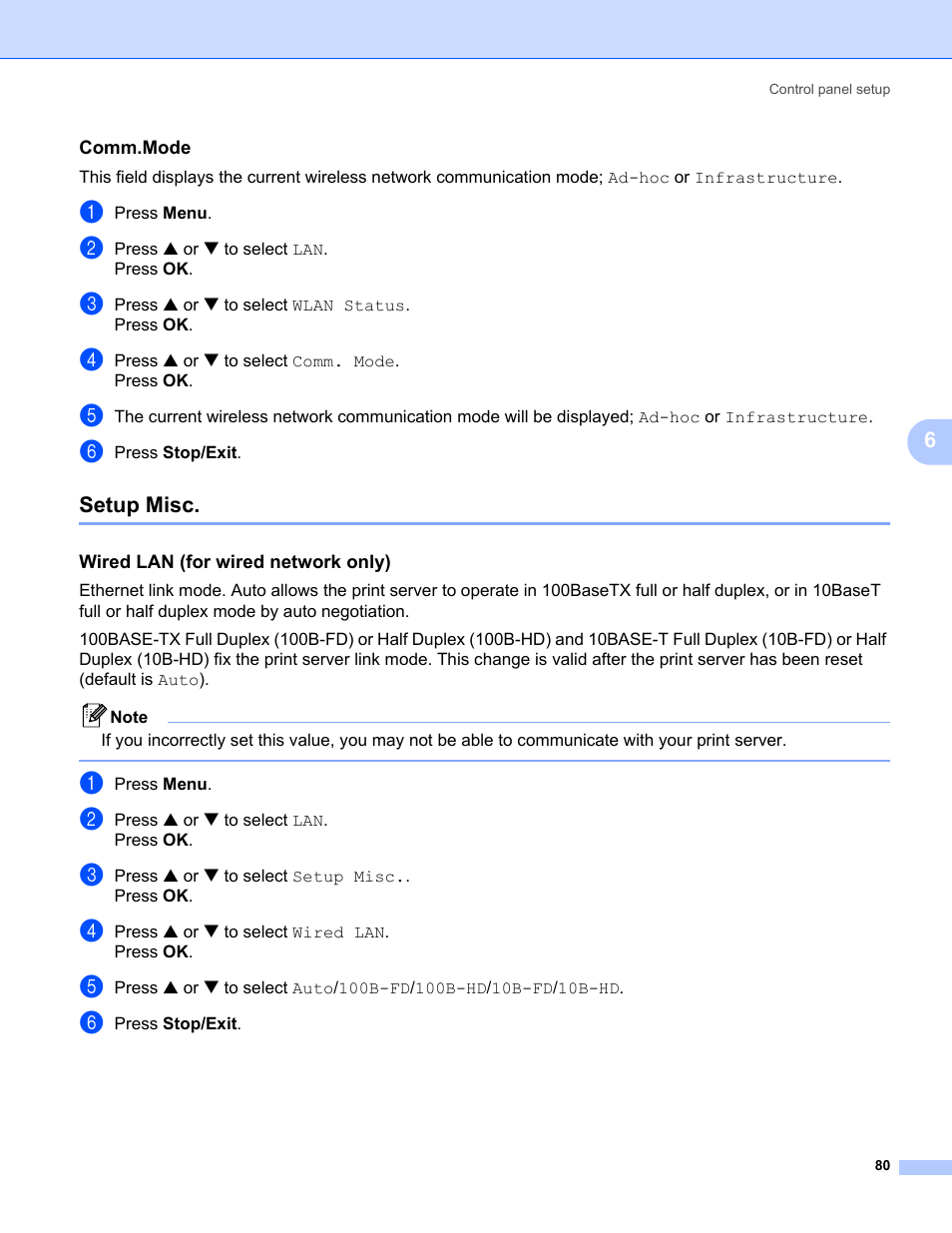 Comm.mode, Setup misc, Wired lan (for wired network only) | Brother MFC-665CW User Manual | Page 87 / 132