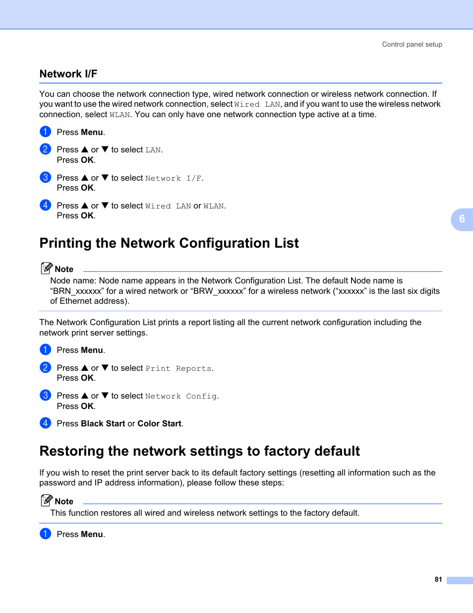 Network i/f, Printing the network configuration list, Restoring the network settings to factory default | Printing, 6network i/f | Brother MFC-665CW User Manual | Page 88 / 132