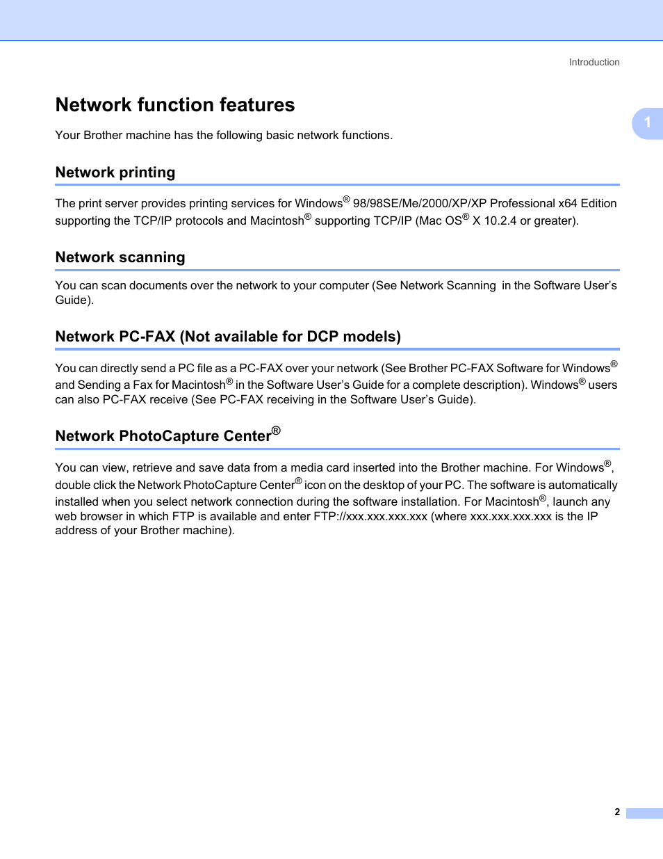 Network function features, Network printing, Network scanning | Network pc-fax (not available for dcp models), Network photocapture center | Brother MFC-665CW User Manual | Page 9 / 132
