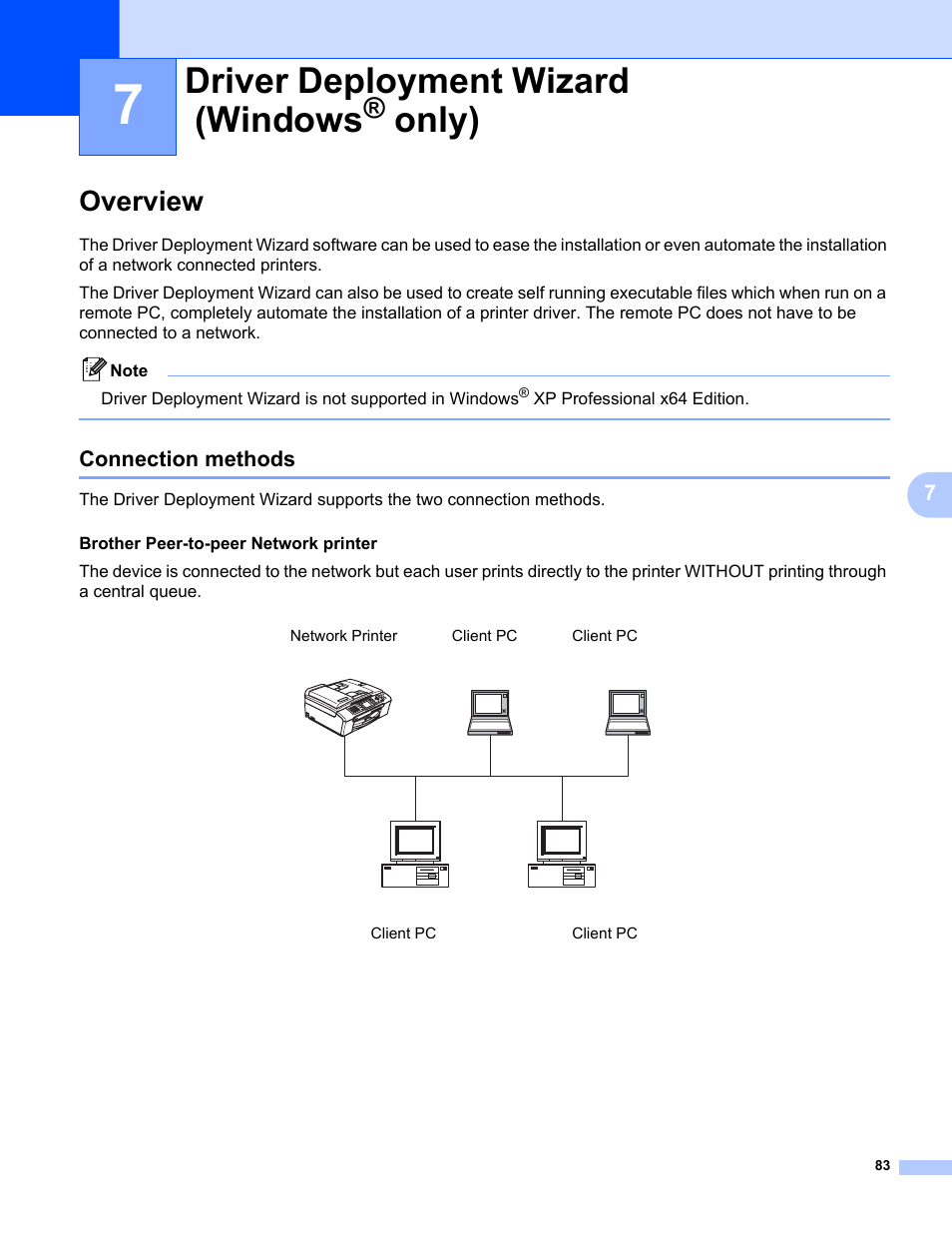 7 driver deployment wizard (windows® only), Overview, Connection methods | Driver deployment wizard (windows, Only) | Brother MFC-665CW User Manual | Page 90 / 132