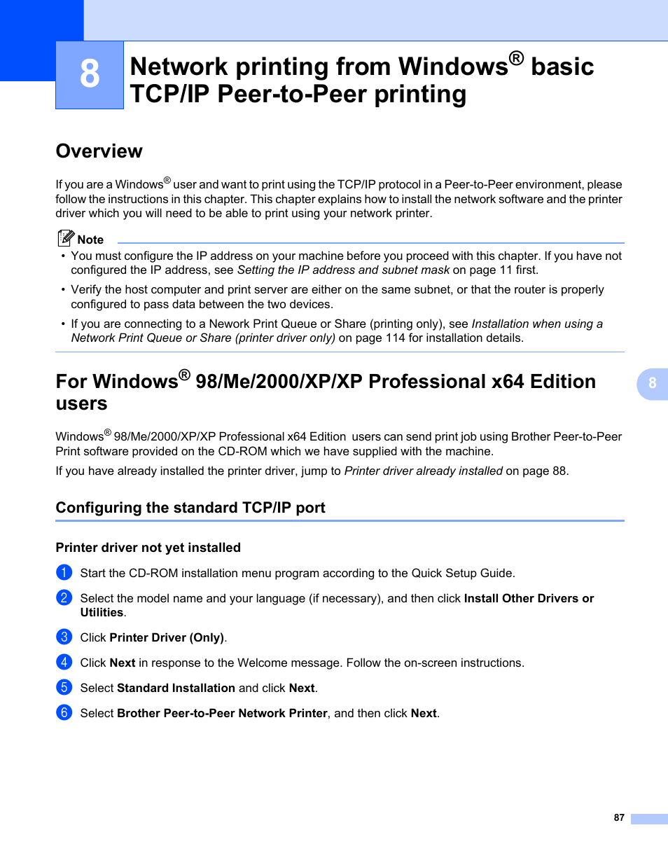 Overview, Configuring the standard tcp/ip port, Printer driver not yet installed | Network printing from windows, Overview for windows, Basic tcp/ip peer-to-peer printing, For windows | Brother MFC-665CW User Manual | Page 94 / 132