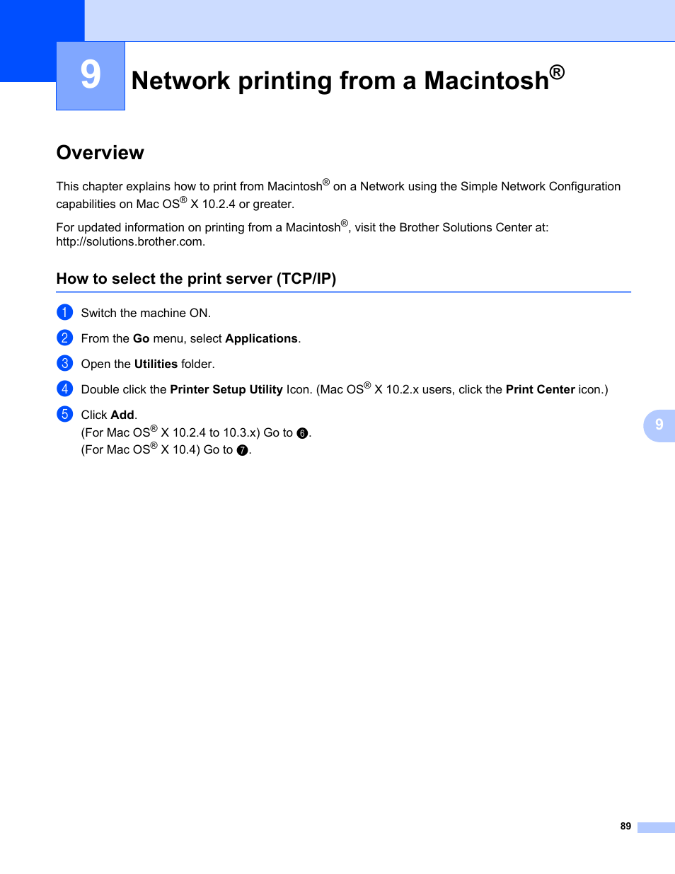 9 network printing from a macintosh, Overview, How to select the print server (tcp/ip) | Network printing from a macintosh | Brother MFC-665CW User Manual | Page 96 / 132