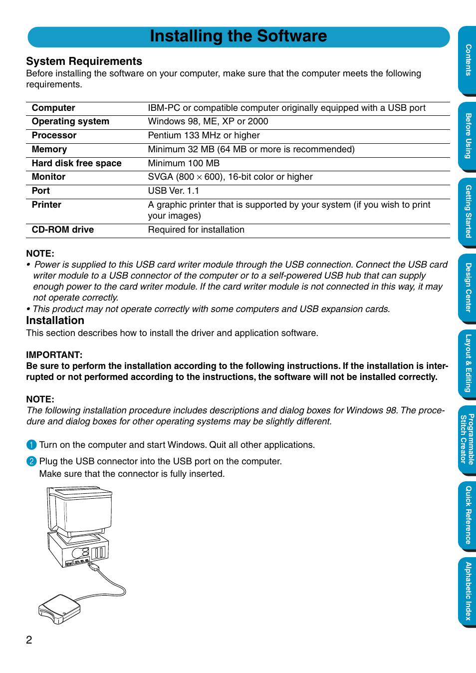 Installing the software, System requirements, Installation | Brother PE-DESIGN Ver.5 User Manual | Page 10 / 274
