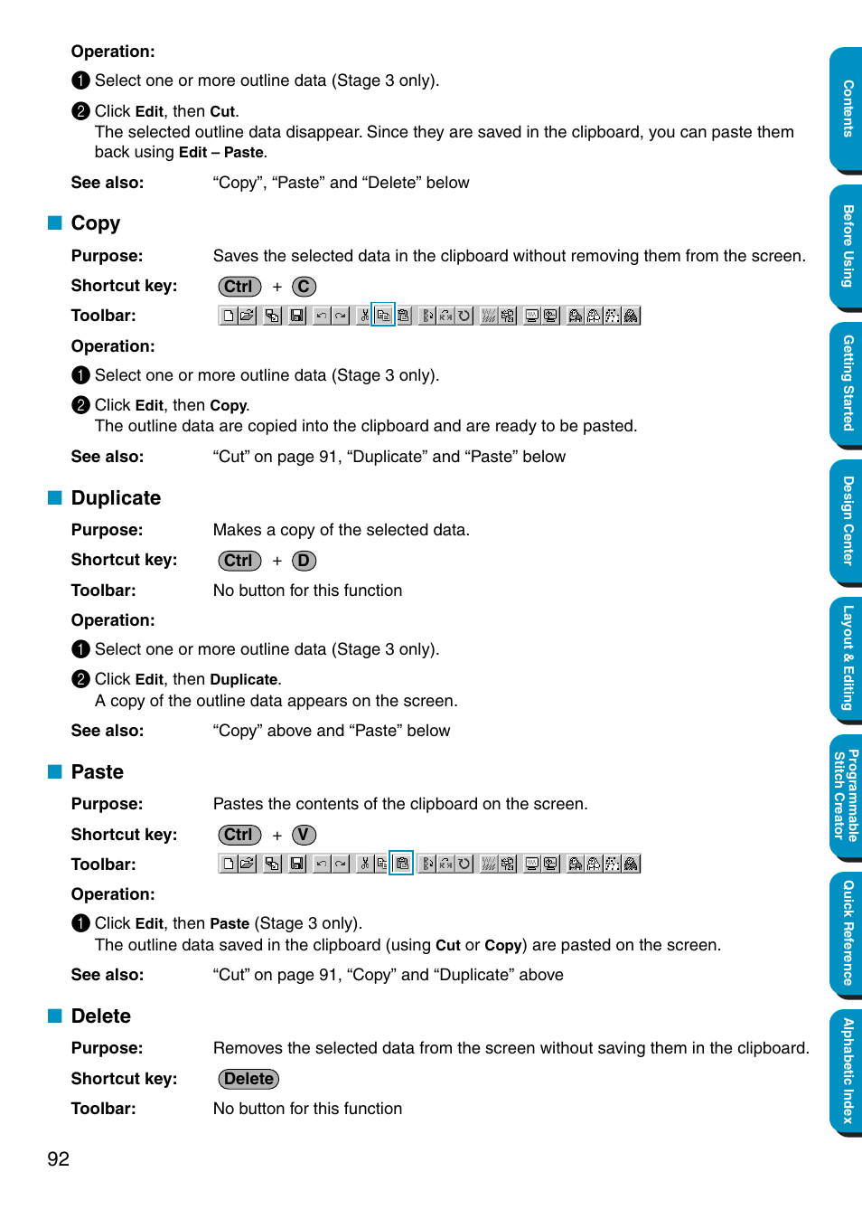 Copy, Duplicate, Paste | Delete, Copy • duplicate • paste • delete | Brother PE-DESIGN Ver.5 User Manual | Page 100 / 274