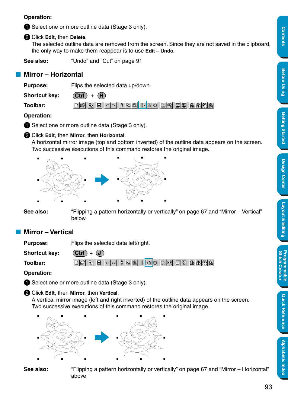 Mirror – horizontal, Mirror – vertical, Mirror – horizontal • mirror – vertical | Brother PE-DESIGN Ver.5 User Manual | Page 101 / 274