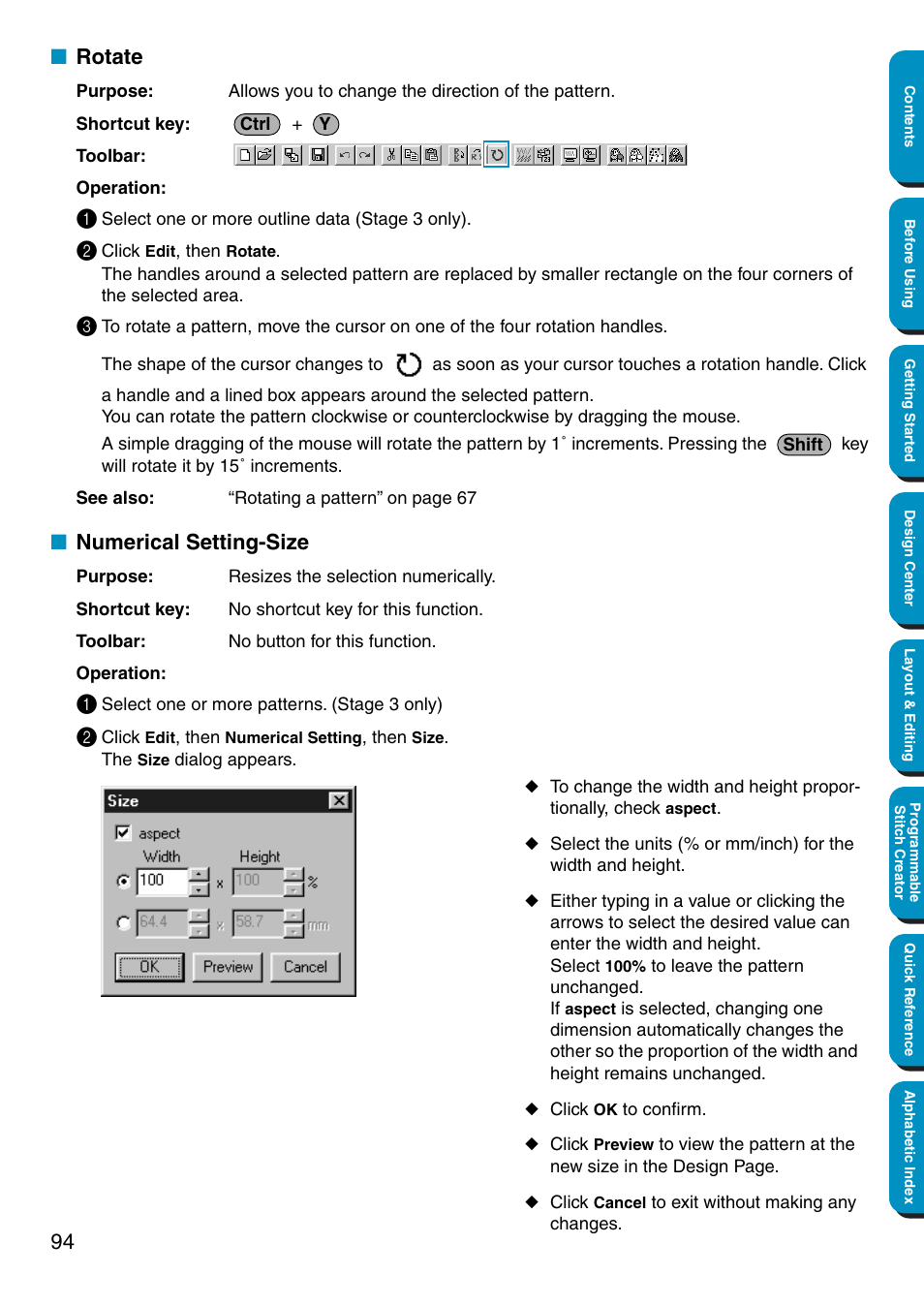 Rotate, Numerical setting-size, Rotate • numerical setting-size | Brother PE-DESIGN Ver.5 User Manual | Page 102 / 274