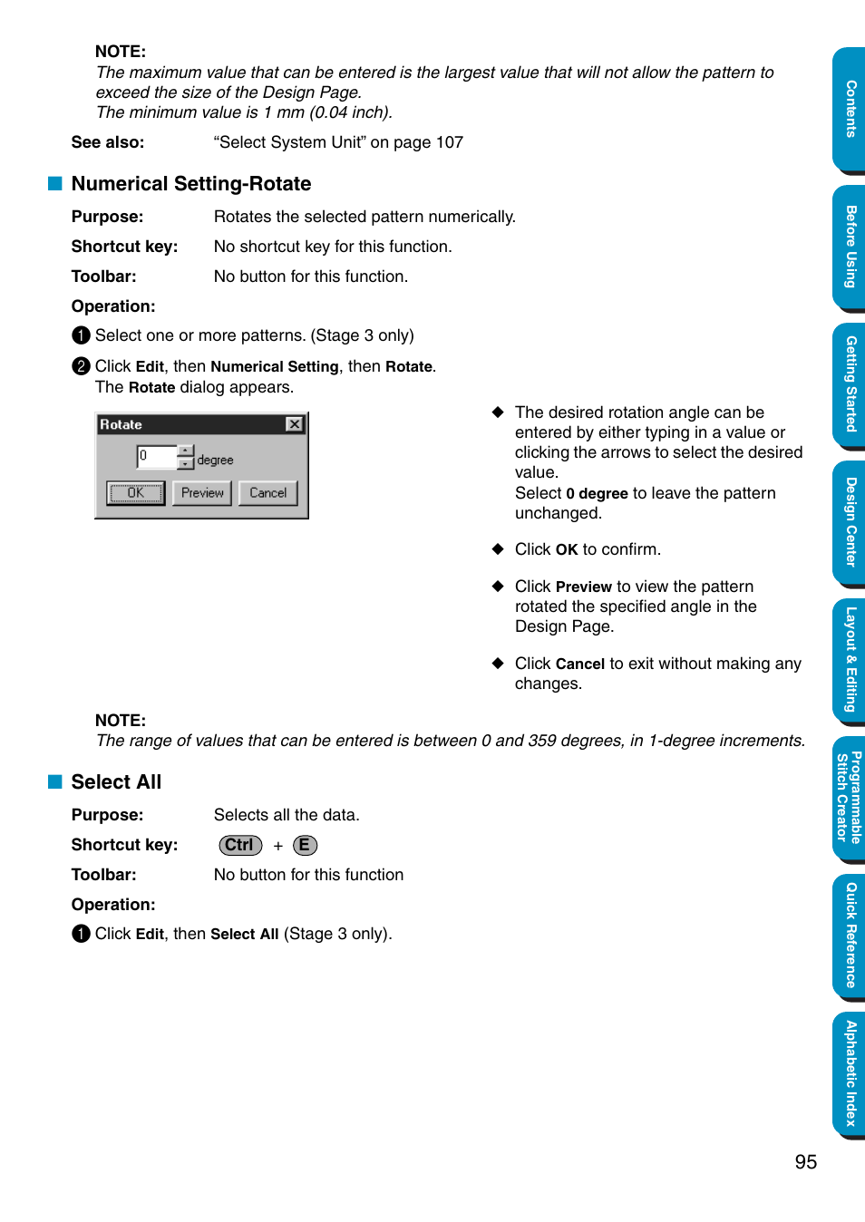 Numerical setting-rotate, Select all, Numerical setting-rotate • select all | Brother PE-DESIGN Ver.5 User Manual | Page 103 / 274