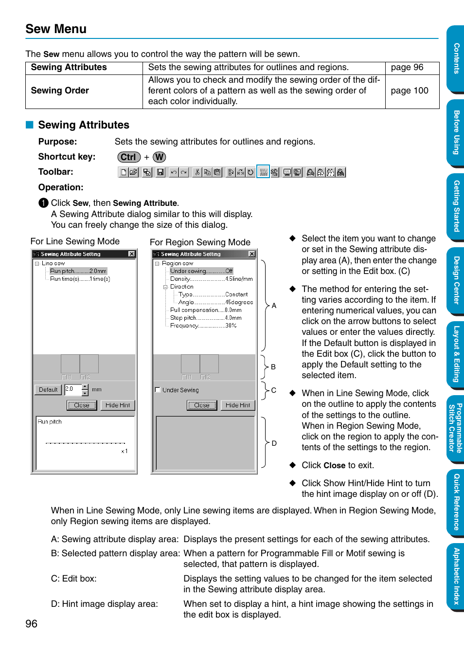 Sew menu, Sewing attributes | Brother PE-DESIGN Ver.5 User Manual | Page 104 / 274