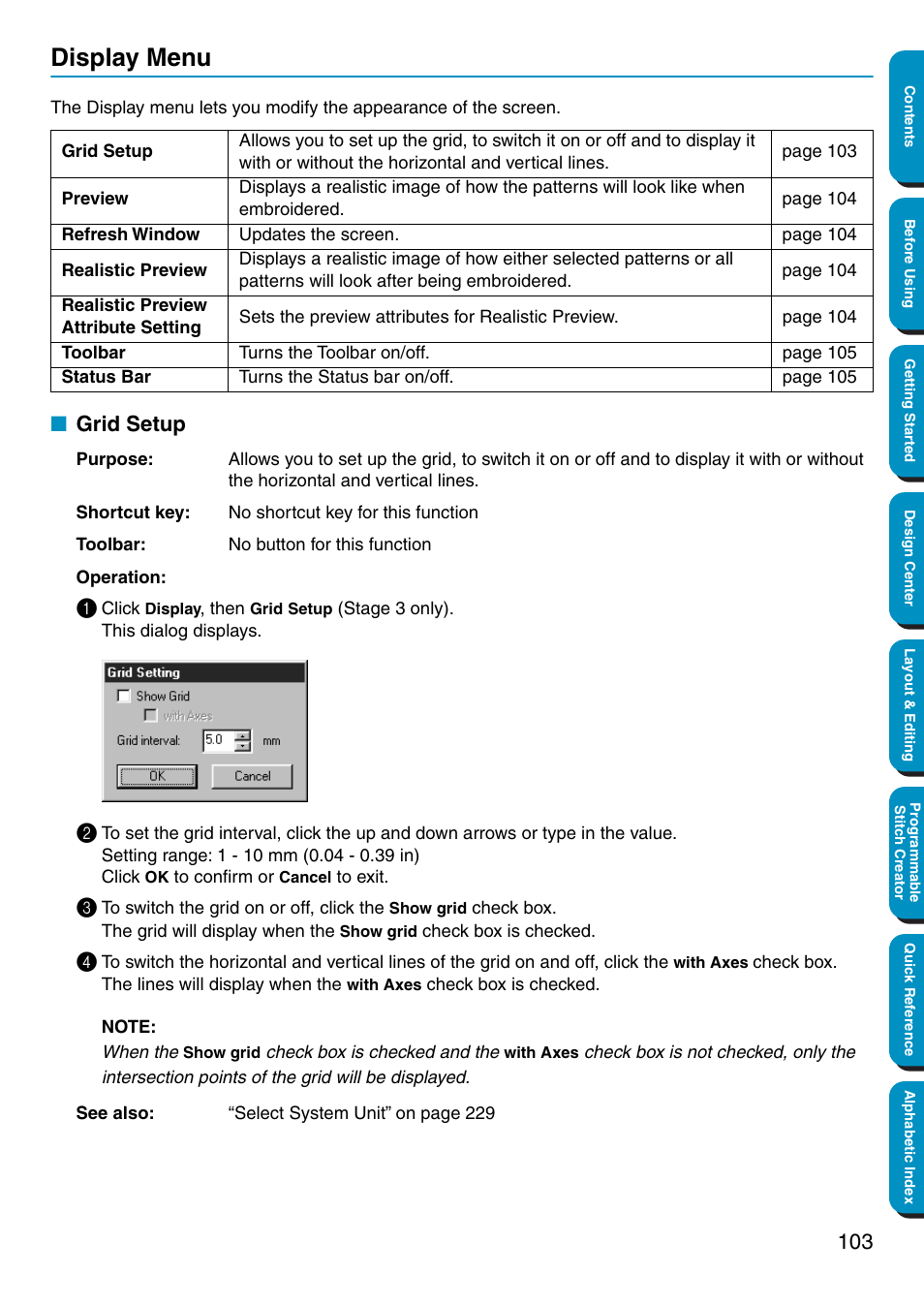 Display menu, Grid setup | Brother PE-DESIGN Ver.5 User Manual | Page 111 / 274