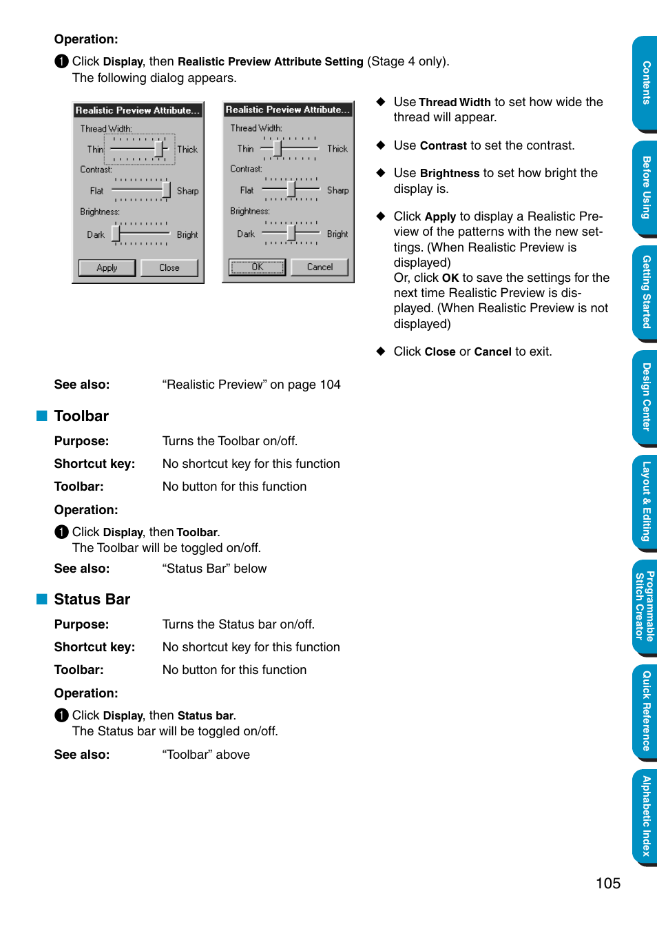Toolbar, Status bar, Toolbar • status bar | Brother PE-DESIGN Ver.5 User Manual | Page 113 / 274
