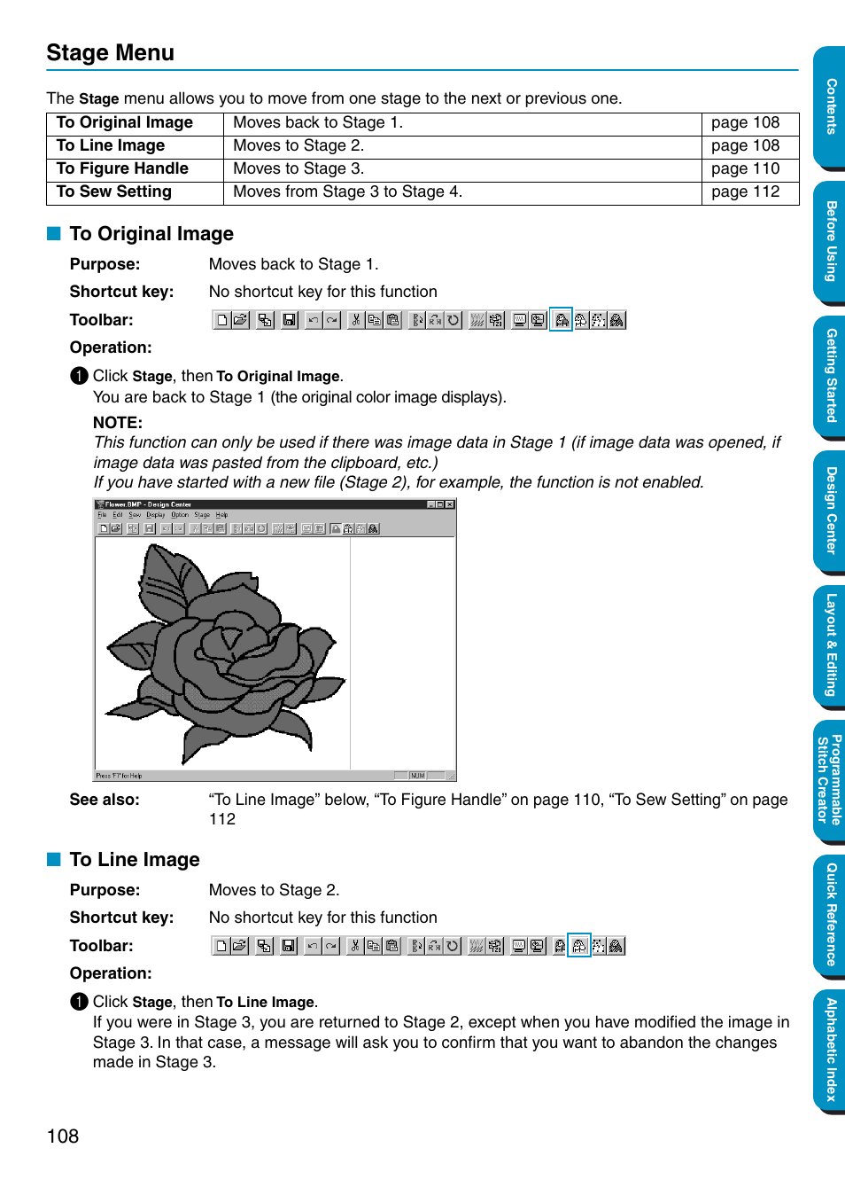 Stage menu, To original image, To line image | To original image • to line image | Brother PE-DESIGN Ver.5 User Manual | Page 116 / 274