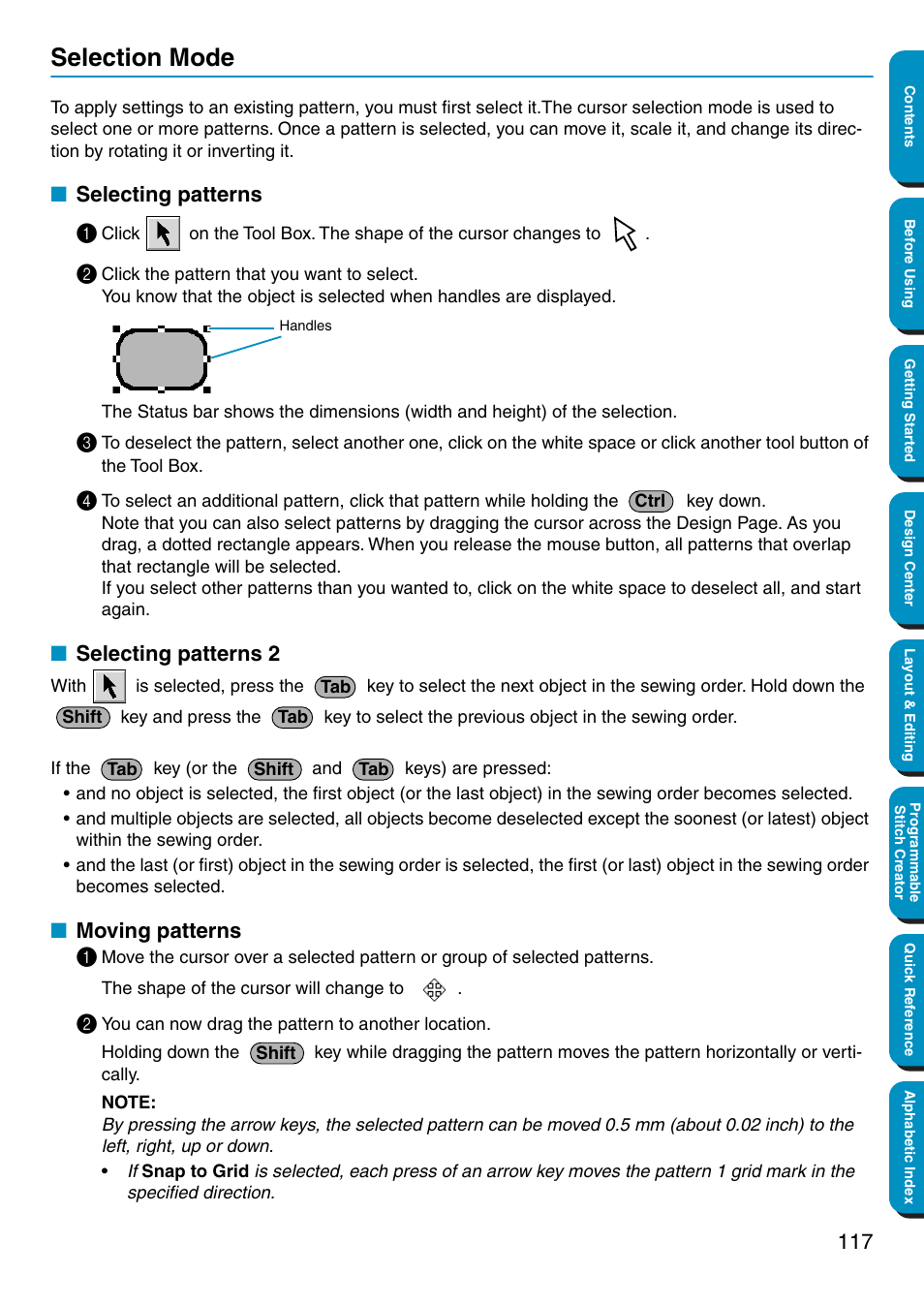Selection mode, Selecting patterns, Selecting patterns 2 | Moving patterns, Selecting patterns 1, Moving patterns 1 | Brother PE-DESIGN Ver.5 User Manual | Page 125 / 274