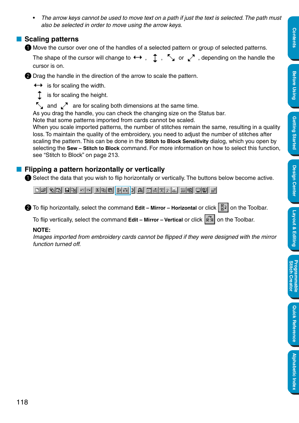 Scaling patterns, Flipping a pattern horizontally or vertically, Scaling patterns 1 | Flipping a pattern horizontally or vertically 1 | Brother PE-DESIGN Ver.5 User Manual | Page 126 / 274