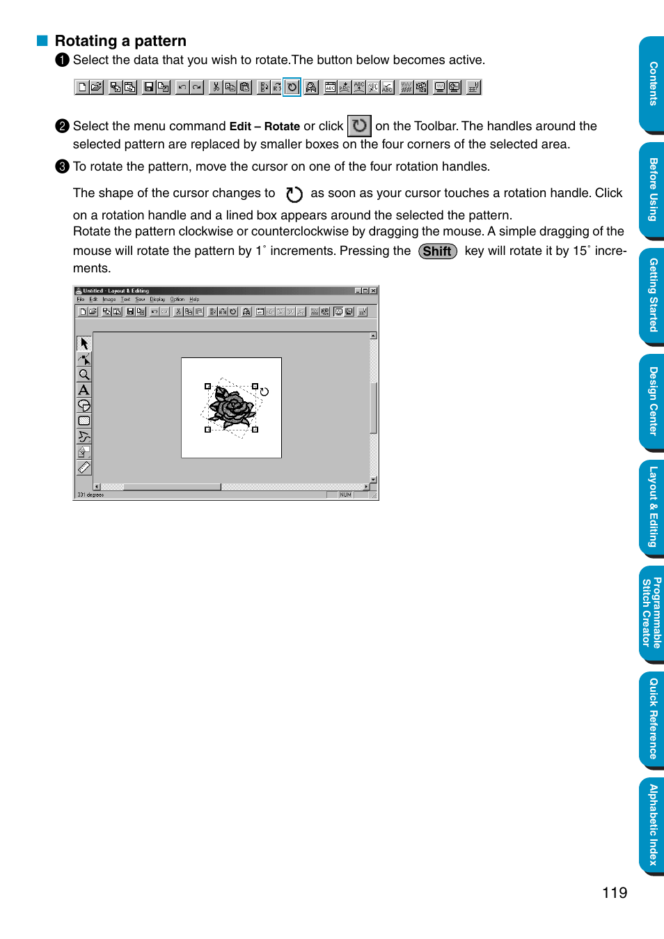 Rotating a pattern, Rotating a pattern 1 | Brother PE-DESIGN Ver.5 User Manual | Page 127 / 274