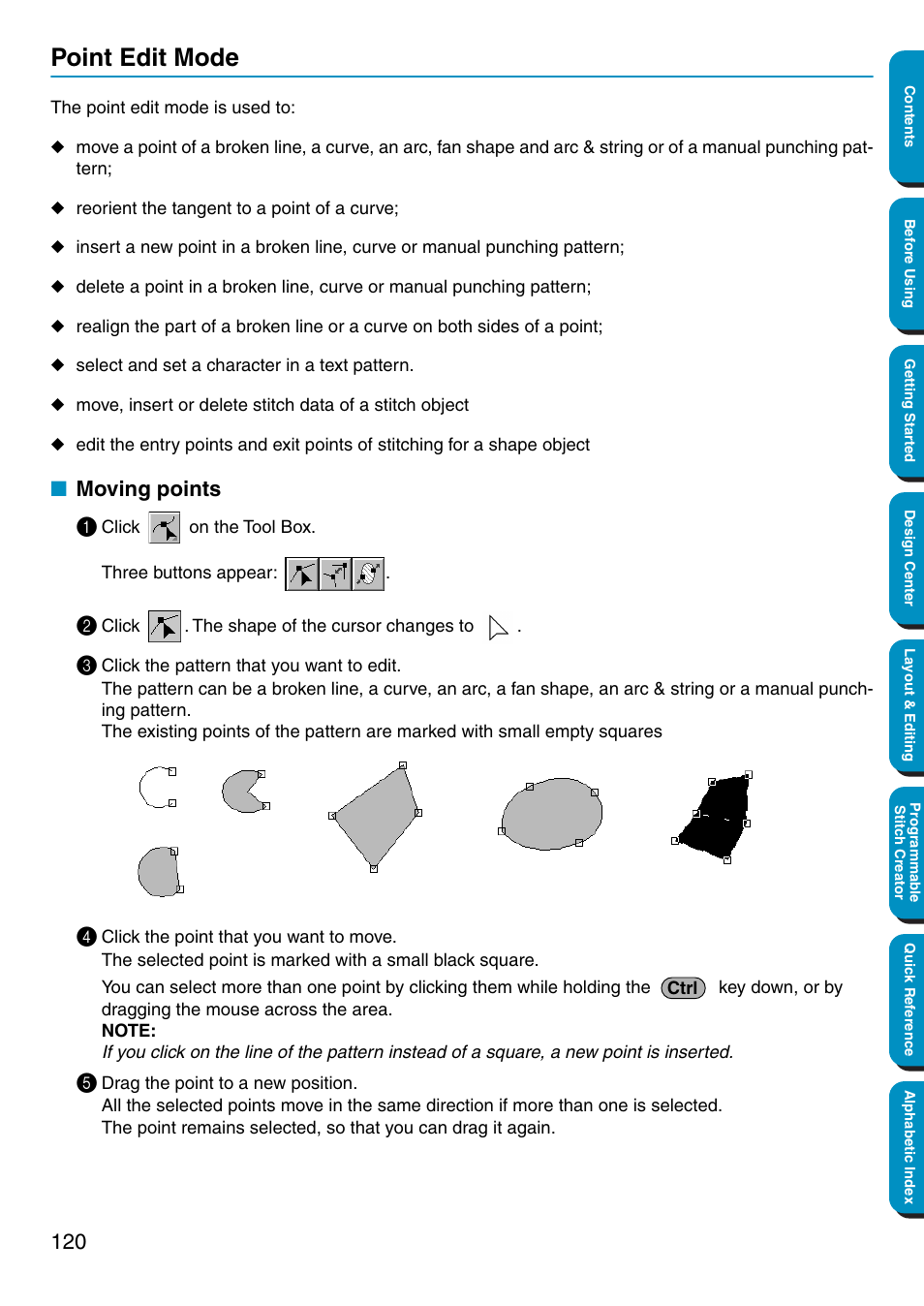 Point edit mode, Moving points, Moving points 1 | Brother PE-DESIGN Ver.5 User Manual | Page 128 / 274