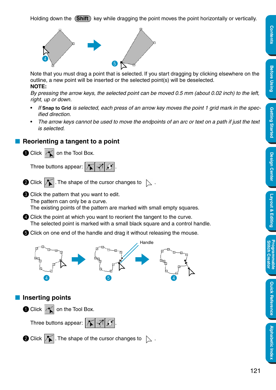 Reorienting a tangent to a point, Inserting points, Reorienting a tangent to a point 1 | Inserting points 1 | Brother PE-DESIGN Ver.5 User Manual | Page 129 / 274