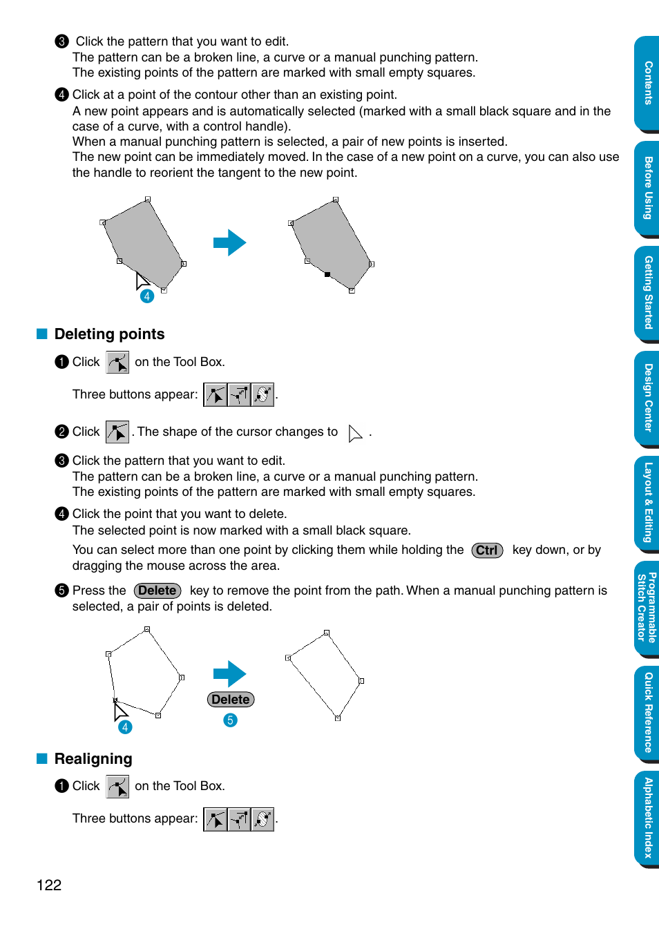 Deleting points, Realigning, Deleting points • realigning | Brother PE-DESIGN Ver.5 User Manual | Page 130 / 274
