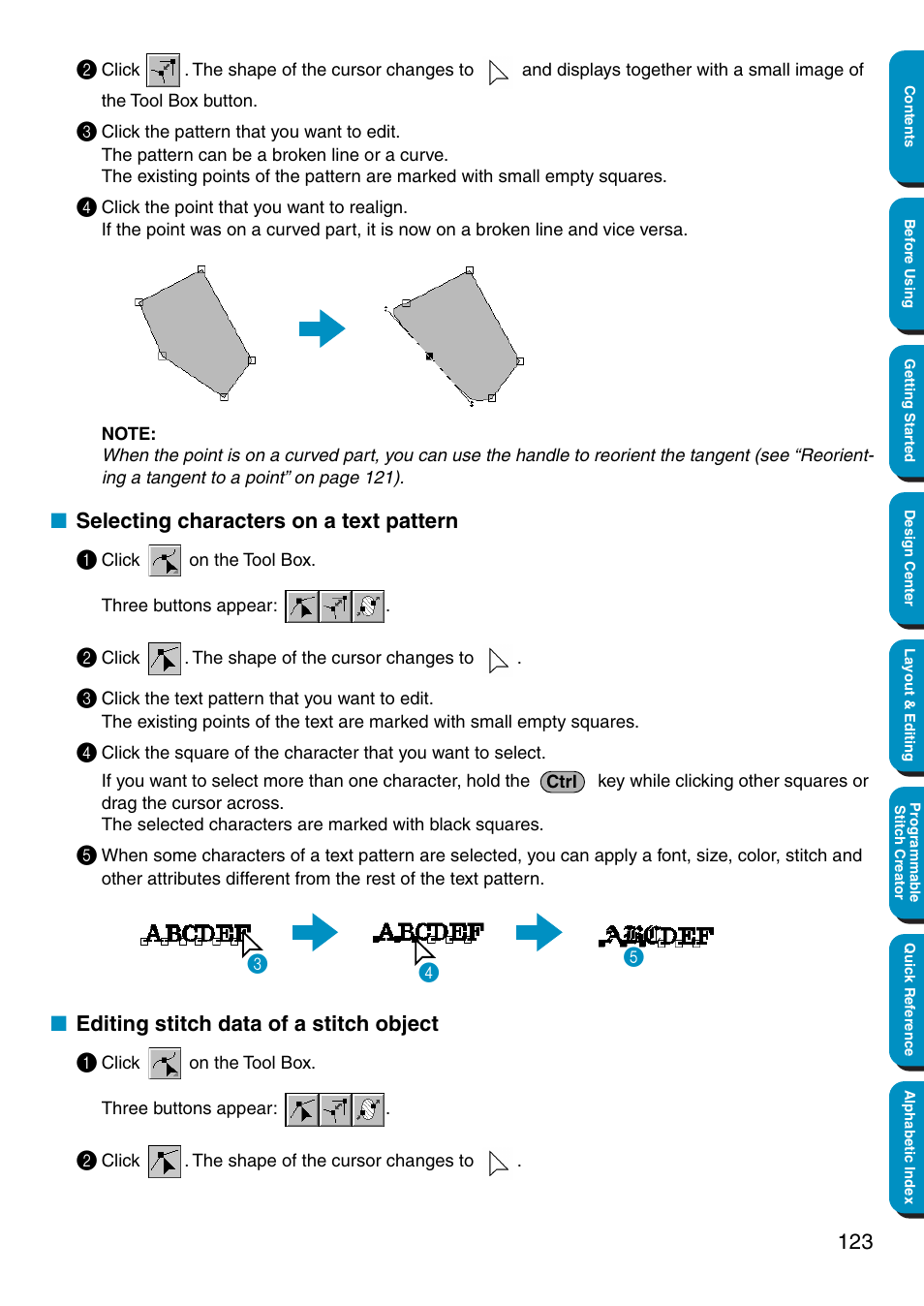 Selecting characters on a text pattern, Editing stitch data of a stitch object | Brother PE-DESIGN Ver.5 User Manual | Page 131 / 274
