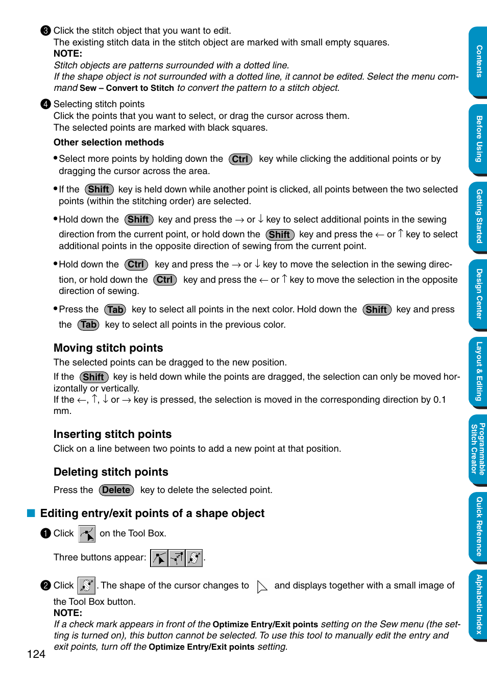Moving stitch points, Inserting stitch points, Deleting stitch points | Editing entry/exit points of a shape object, Editing entry/exit points of a shape object 1 | Brother PE-DESIGN Ver.5 User Manual | Page 132 / 274