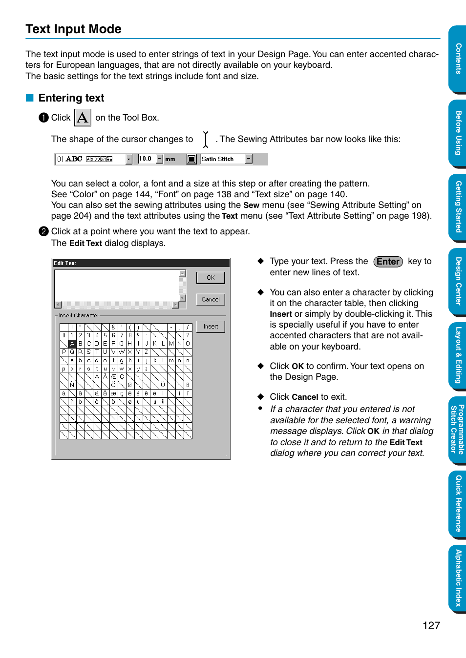 Text input mode, Entering text, Entering text 1 | Brother PE-DESIGN Ver.5 User Manual | Page 135 / 274