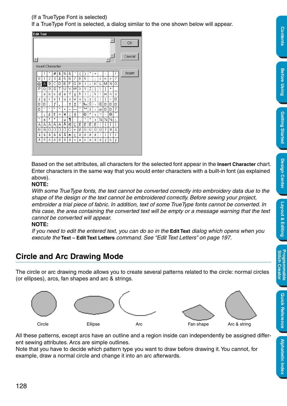 Circle and arc drawing mode | Brother PE-DESIGN Ver.5 User Manual | Page 136 / 274