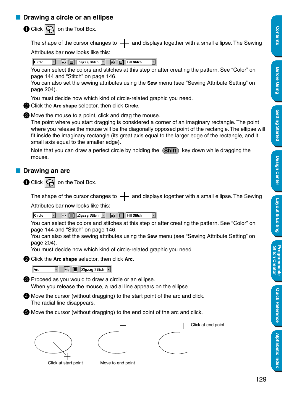Drawing a circle or an ellipse, Drawing an arc, Drawing a circle or an ellipse • drawing an arc | Drawing a circle or an ellipse 1, Drawing an arc 1 | Brother PE-DESIGN Ver.5 User Manual | Page 137 / 274