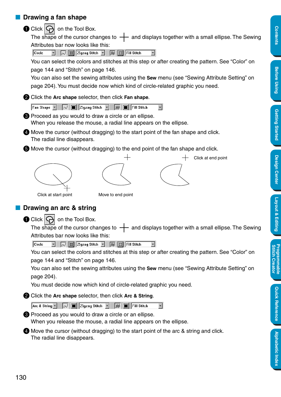 Drawing a fan shape, Drawing an arc & string, Drawing a fan shape • drawing an arc & string | Drawing a fan shape 1, Drawing an arc & string 1 | Brother PE-DESIGN Ver.5 User Manual | Page 138 / 274